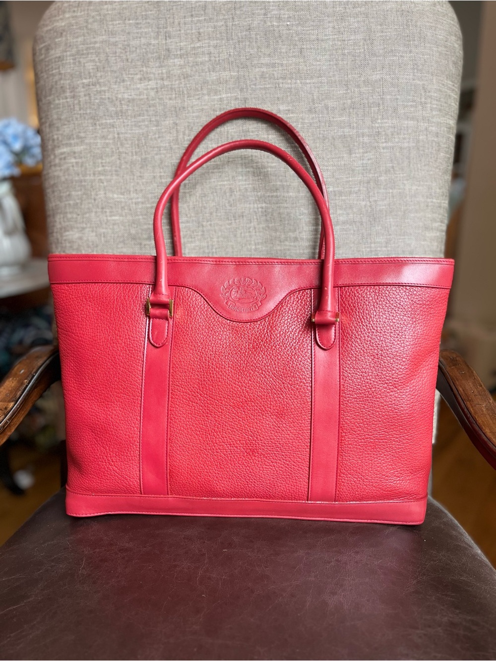 Burberry Red Pebbled Leather Tote with Top Handles